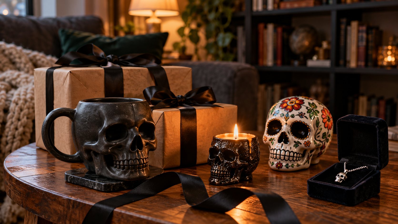 Illustration: Wooden gift table with kraft paper boxes tied in black ribbon, a ceramic skull mug, a resin skull candle holder with a lit candle, a painted ceramic sugar skull and a silver skull pendant in an open jewelry box