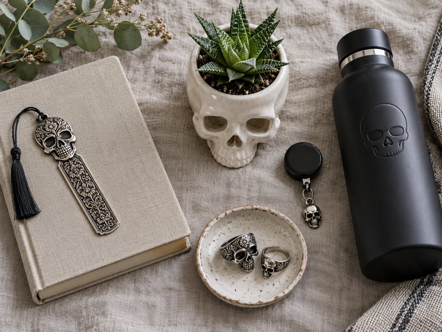 Illustration: Flat lay on linen of a skull bookmark on a closed hardback book, a ceramic skull planter with a succulent, a skull badge reel, a skull water bottle and matching skull rings in a small dish