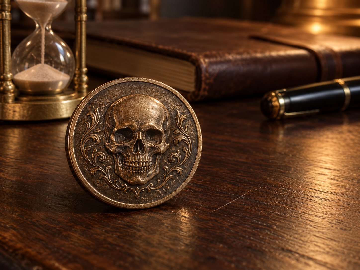 Illustration: Bronze coin embossed with a skull resting on a dark walnut desk beside a small brass hourglass, a closed leather notebook and a fountain pen
