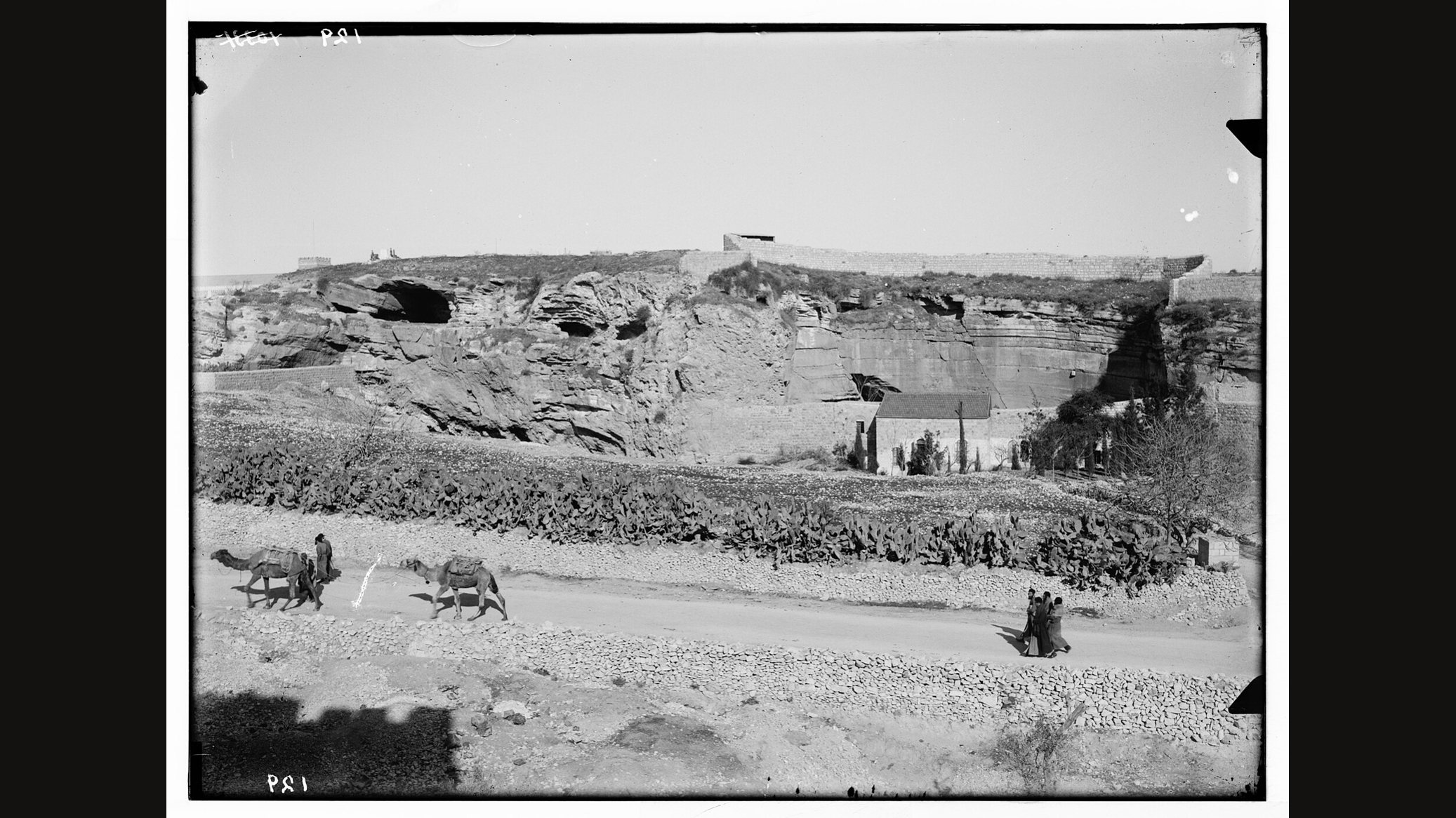 Black-and-white photograph of a rocky limestone hillside outside Jerusalem's walls with cave-like openings, a stone building at its foot and two camels on the road below