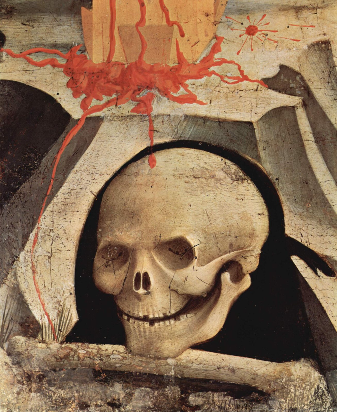 Painted detail of a pale skull with a crooked jaw resting on bones in a dark niche, with streaks of red blood running down from above