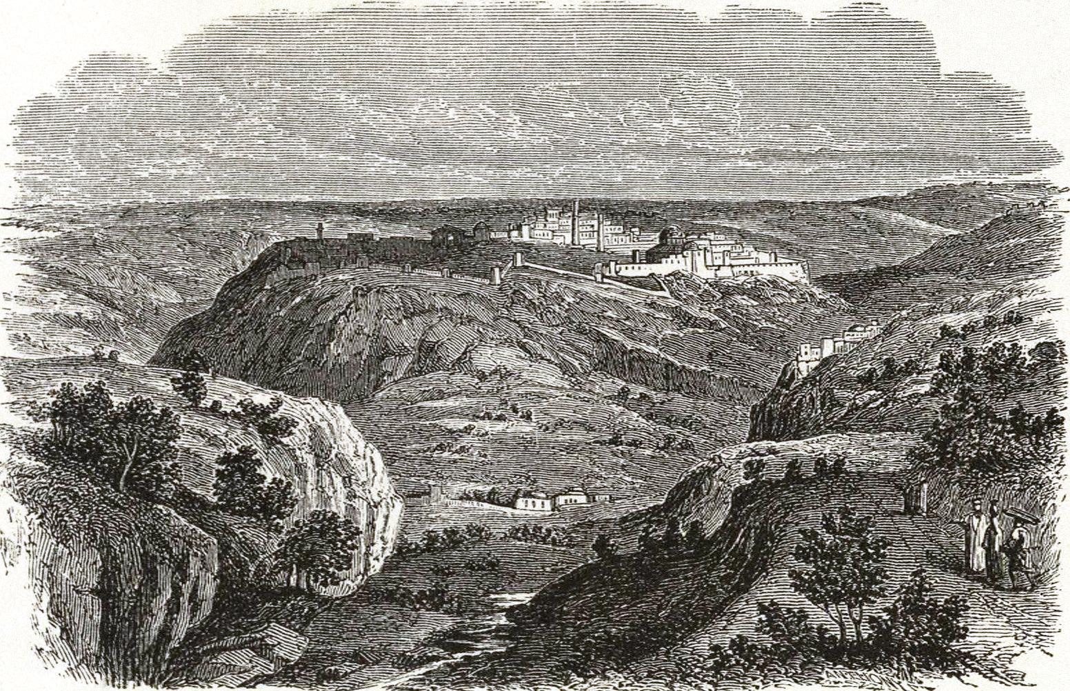 Nineteenth-century engraving of Jerusalem seen from a distance, with the walled city on a ridge above rocky valleys under a wide sky