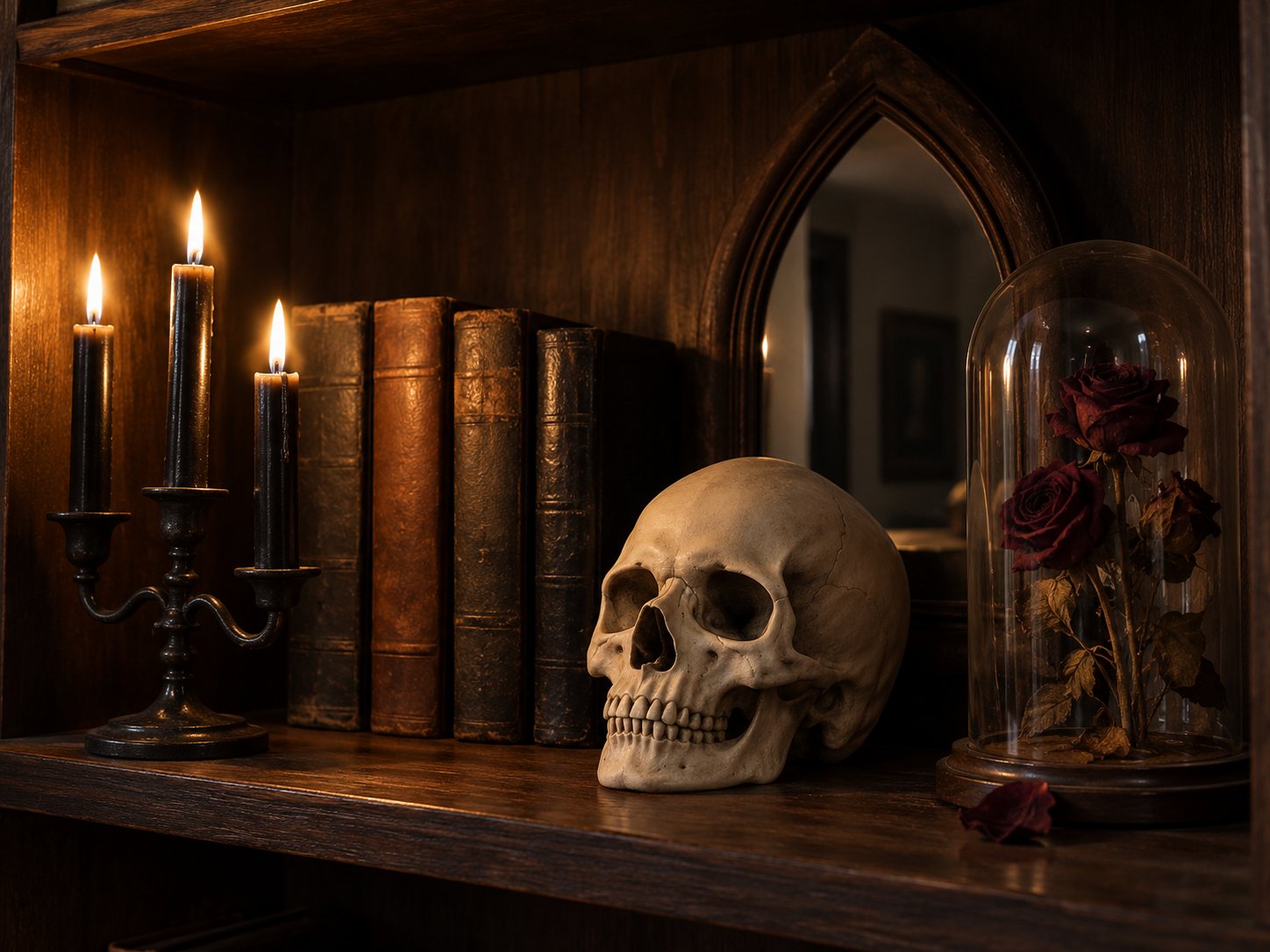 Illustration: Dark bookshelf with a resin skull, dried red roses under a glass dome, black taper candles in a small candelabra, antique books with blank spines and a small pointed arch mirror