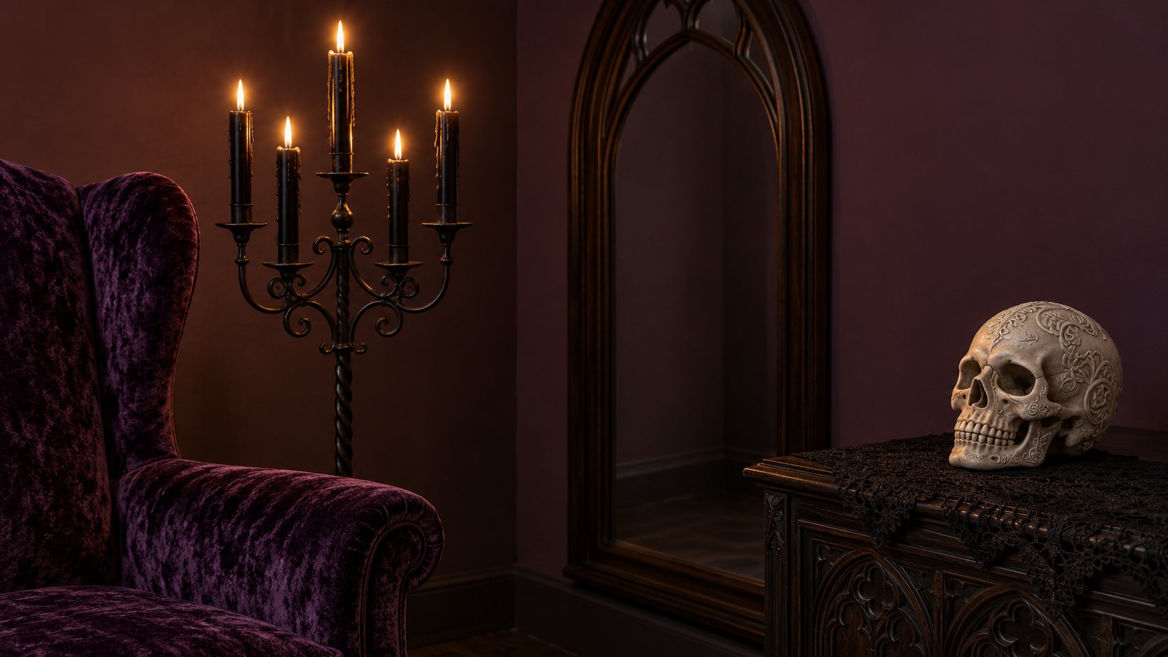 Illustration: Gothic room corner at night with a purple velvet armchair, a wrought-iron candelabra with lit black candles, a pointed arch mirror and a pale skull on a dark dresser draped with black lace