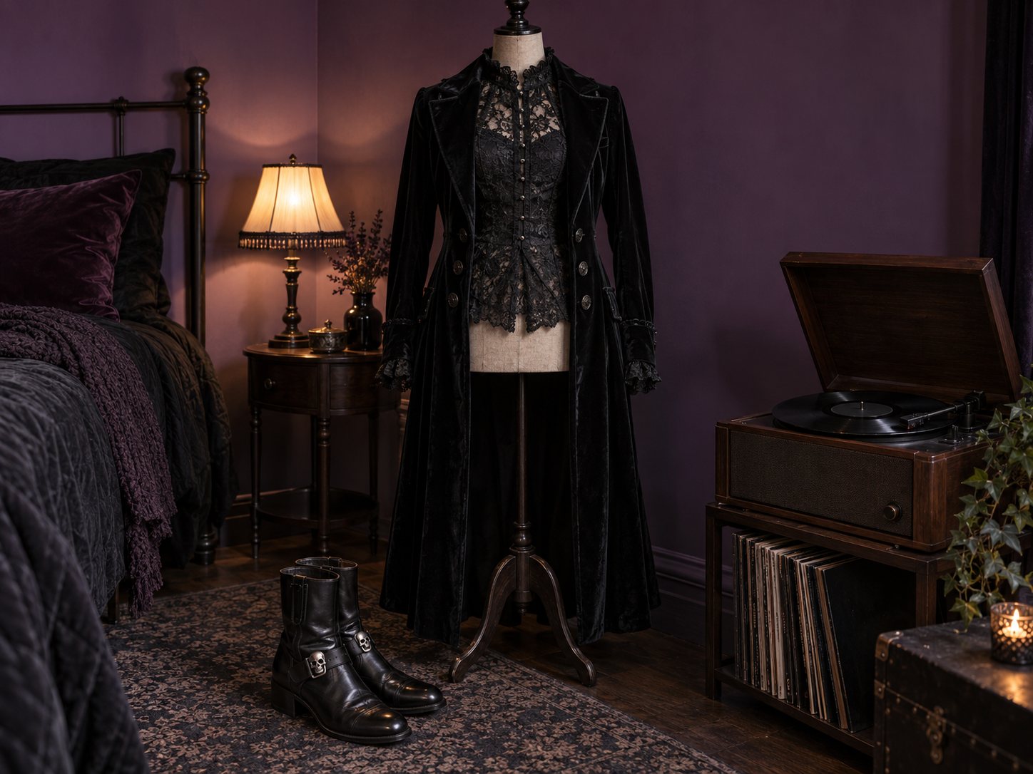 Illustration: Black lace blouse and long black velvet coat on a dress form, black boots with small silver skull buckles on the floor and a vintage record player with a plain black record