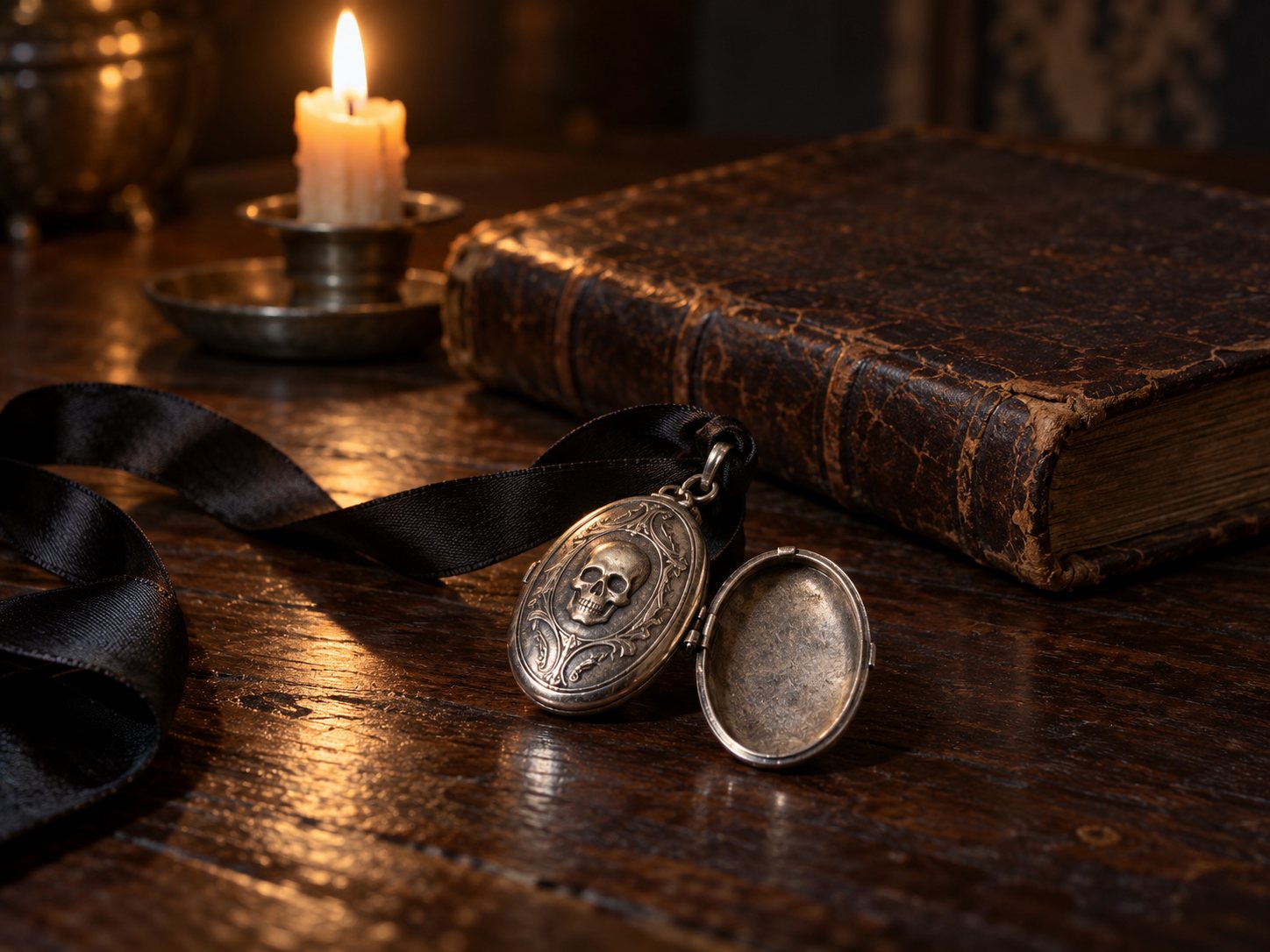 Illustration: Old leather-bound book with a blank cover, a small engraved silver locket with a tiny skull lying open on a black silk ribbon, and a candle stub in a pewter holder