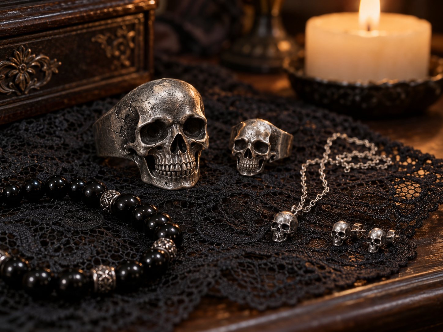 Illustration: Silver skull jewelry on black lace on a dark dresser: two skull rings, a skull pendant on a fine chain, small skull earrings and a jet bead bracelet, lit by a candle