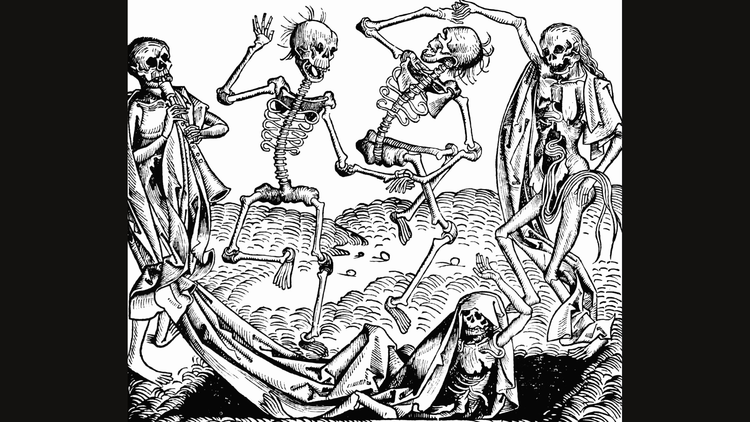 Black and white woodcut of four skeletons dancing on open ground with raised arms and kicking legs, one playing a pipe, while another skeleton in a shroud rises from a grave in the foreground