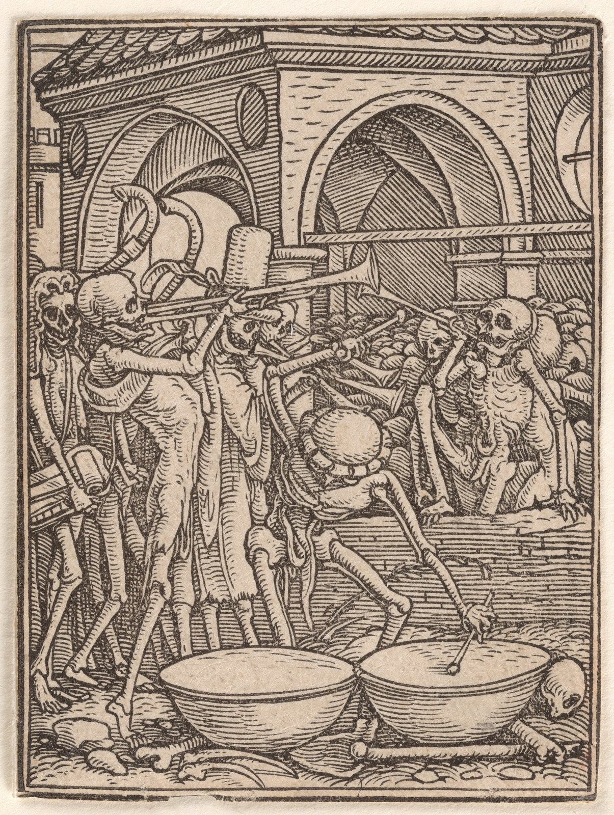 Small woodcut of a crowd of skeletons in front of an arched building, blowing long trumpets and horns, one beating a pair of kettledrums, with skulls and bones scattered on the ground