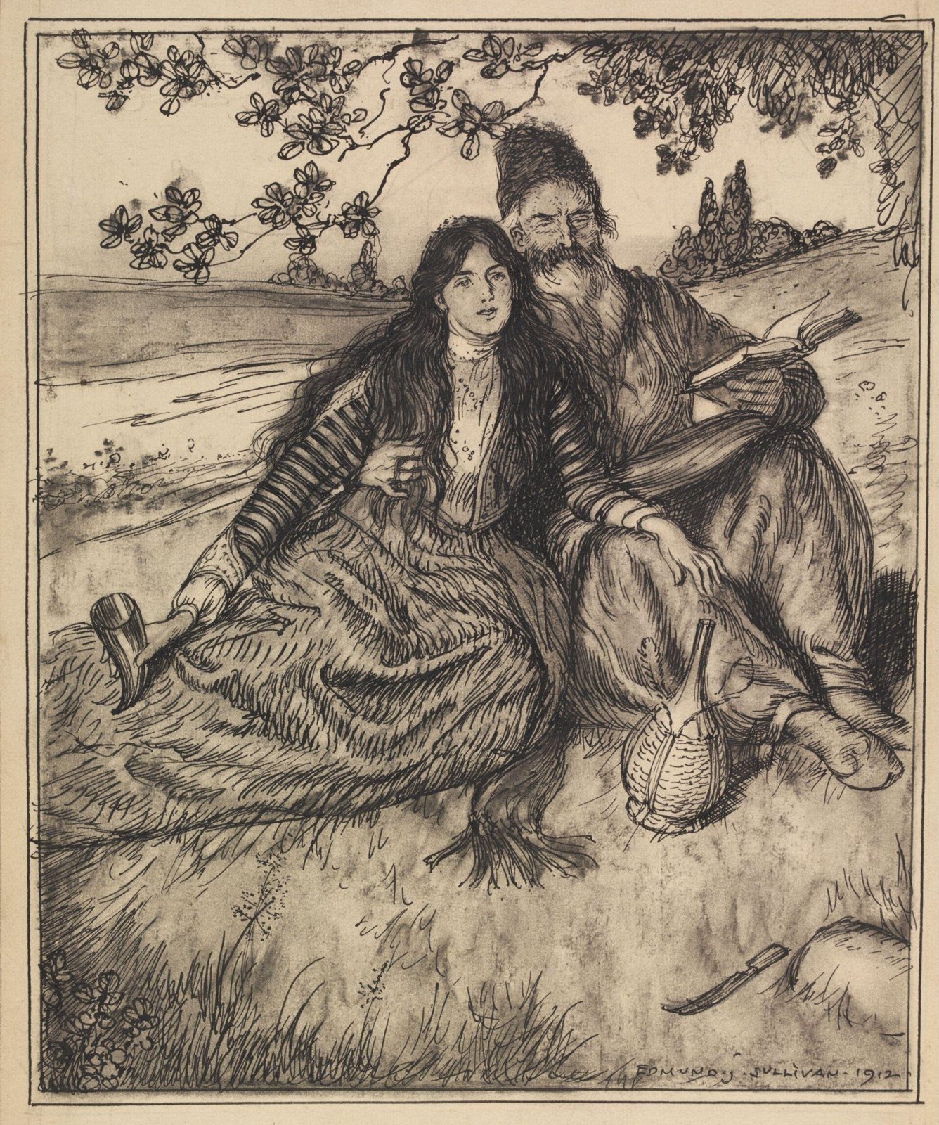 Ink and wash drawing of a long-haired young woman holding a cup and a bearded old man in a tall hat reading a book, sitting together on a grassy slope beneath a flowering branch, with a wicker-covered flask beside them