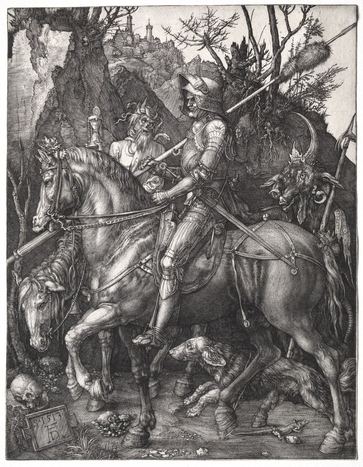 Engraving of an armoured knight on horseback with a dog at his side; beside him a decaying Death, crowned with snakes and riding a drooping horse, holds up an hourglass, a horned devil follows behind and a skull lies on the ground