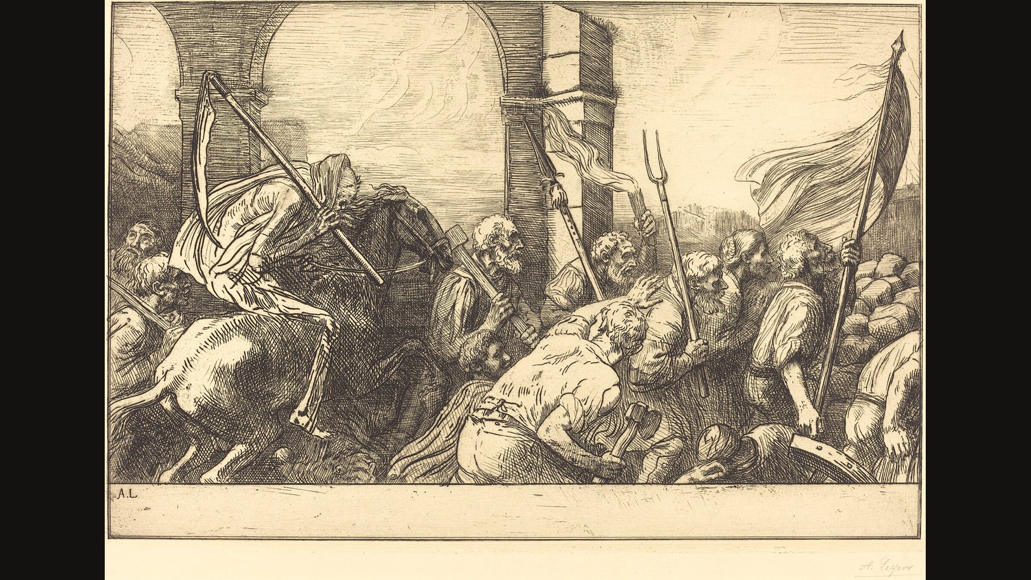 Alphonse Legros etching: a hooded skeleton on horseback, a long scythe over its shoulder, rides into a crowd of men carrying axes, pitchforks, torches and a flag beneath stone arches