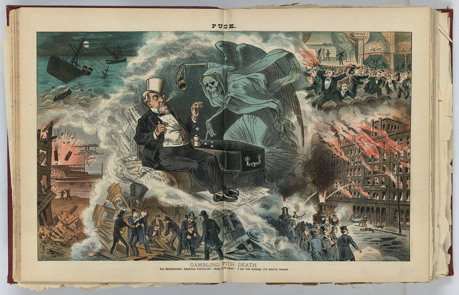 Colour magazine cartoon: a top-hatted businessman sitting on bags of insurance money plays dice on a coffin with a hooded, winged skeleton, surrounded by a sinking ship, a train wreck, burning buildings and a panicked theatre crowd