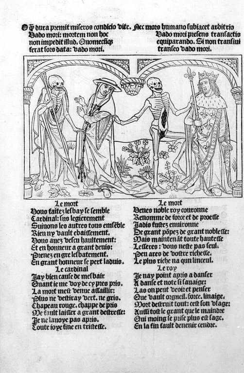 Woodcut page from a printed Danse Macabre: two skeletons, one holding a long shaft, lead a cardinal in a wide hat and a crowned king under twin arches, with verses in French printed below