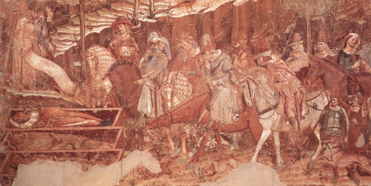 Detail of a faded fresco: a bearded hermit holds out a scroll toward a party of richly dressed riders who pull back from open coffins holding corpses, while hunting dogs sniff the ground