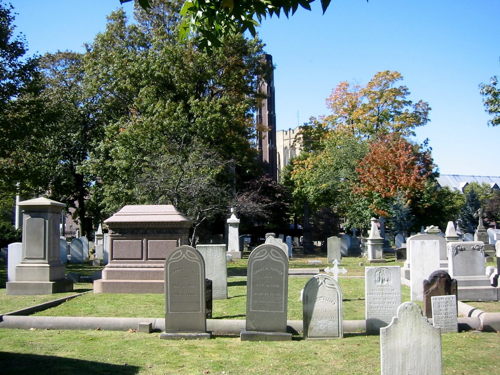 Rounded headstones, a pedestal monument and a box tomb in family plots under tall trees in Grove Street Cemetery