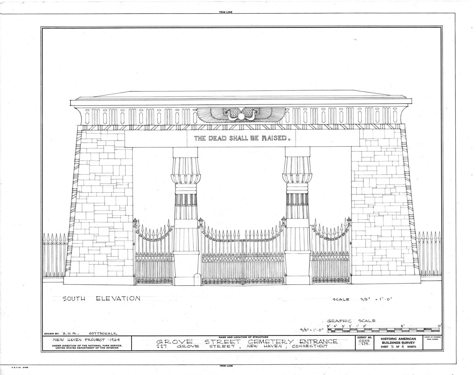 A measured drawing of the gate's south elevation: two stone pylons, lotus columns, iron gates and the inscription The Dead Shall Be Raised beneath a winged sun disk