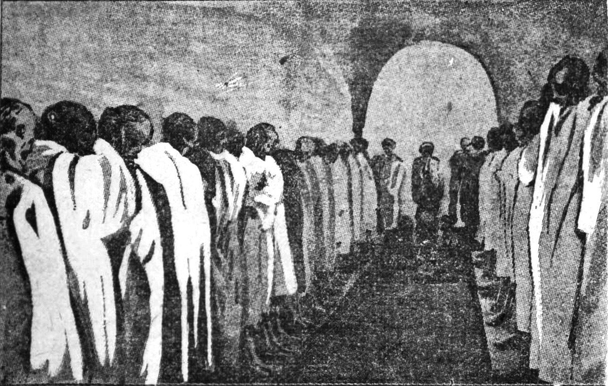 Old black and white printed image of a row of mummies in white gowns standing along both sides of a vaulted passage, with a few visitors at the far end
