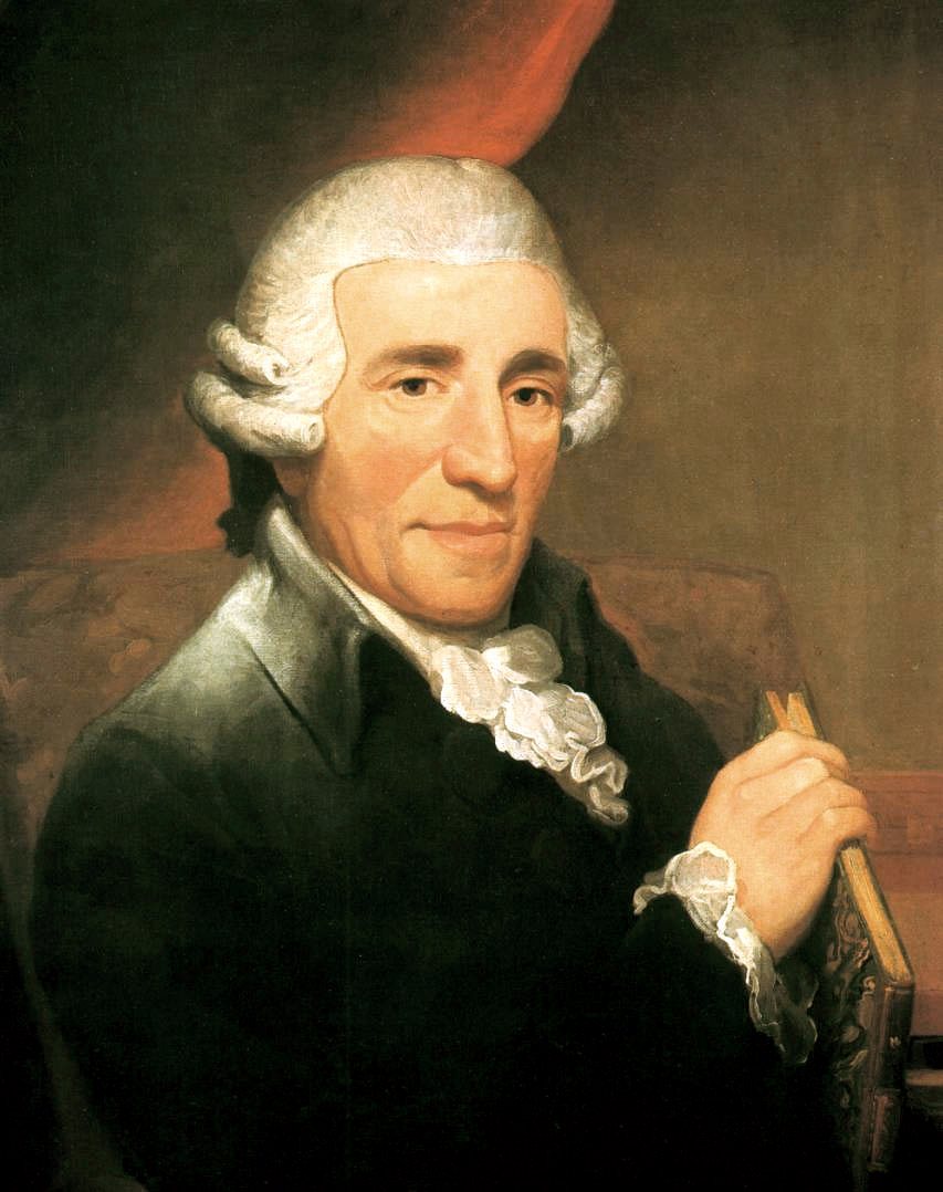 Portrait of Joseph Haydn in a powdered wig, dark coat and white cravat, holding a book