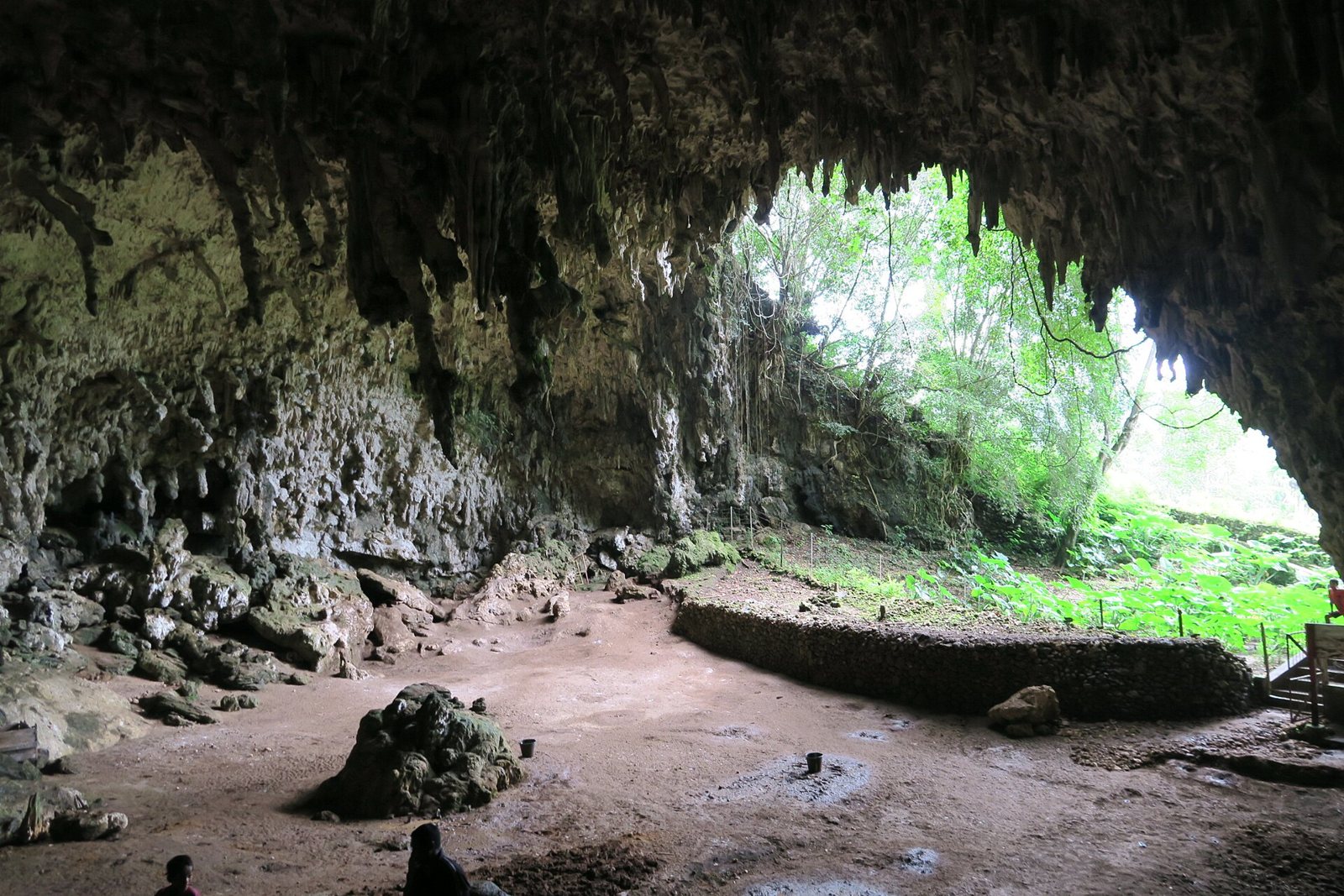 Inside the Liang Bua cave: a broad dirt floor with a low stone-edged platform, boulders in the foreground, stalactites overhead and bright green trees beyond the cave mouth