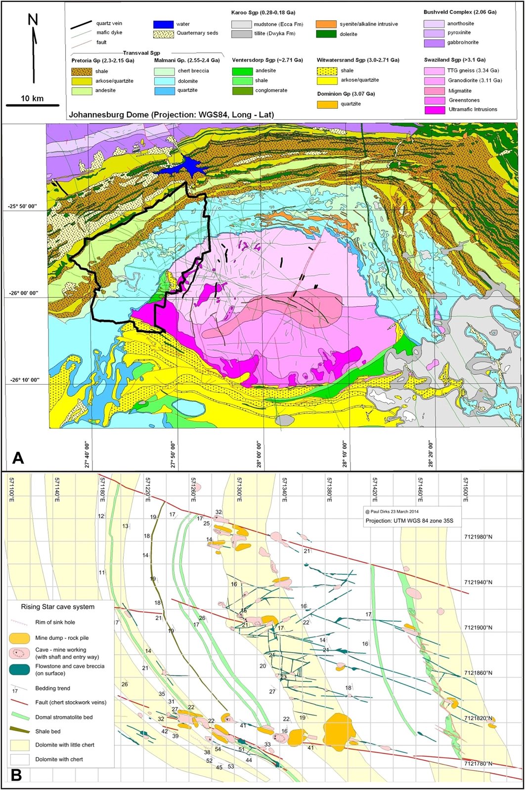 Two-part geological map: the upper panel shows the Johannesburg Dome in colour-coded rock types, the lower panel the surface geology around the Rising Star cave system with fault lines and old mine dumps