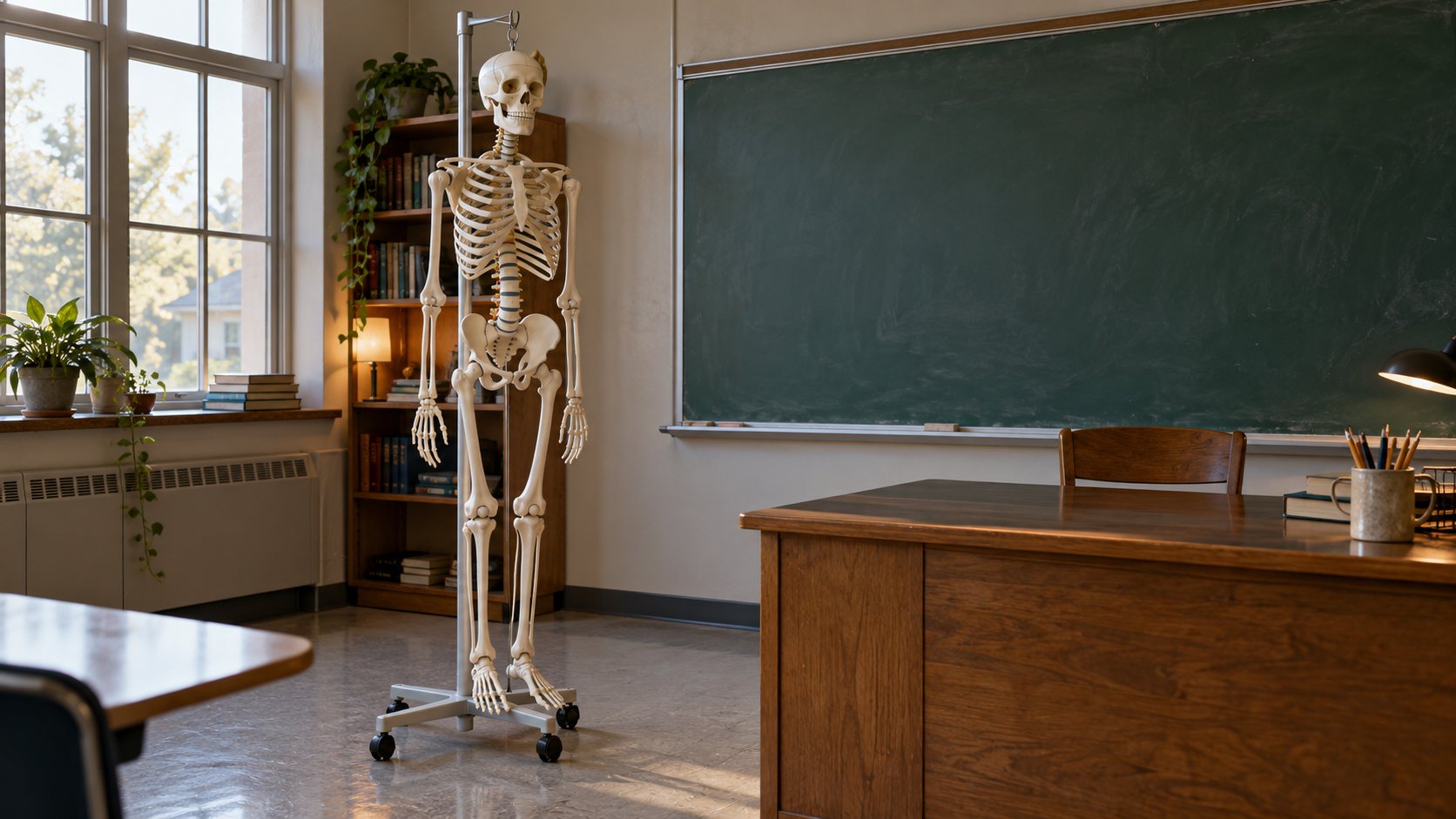 Illustration: Full size anatomical skeleton teaching model hanging on a rolling stand in an empty classroom beside a teacher desk and a blank chalkboard