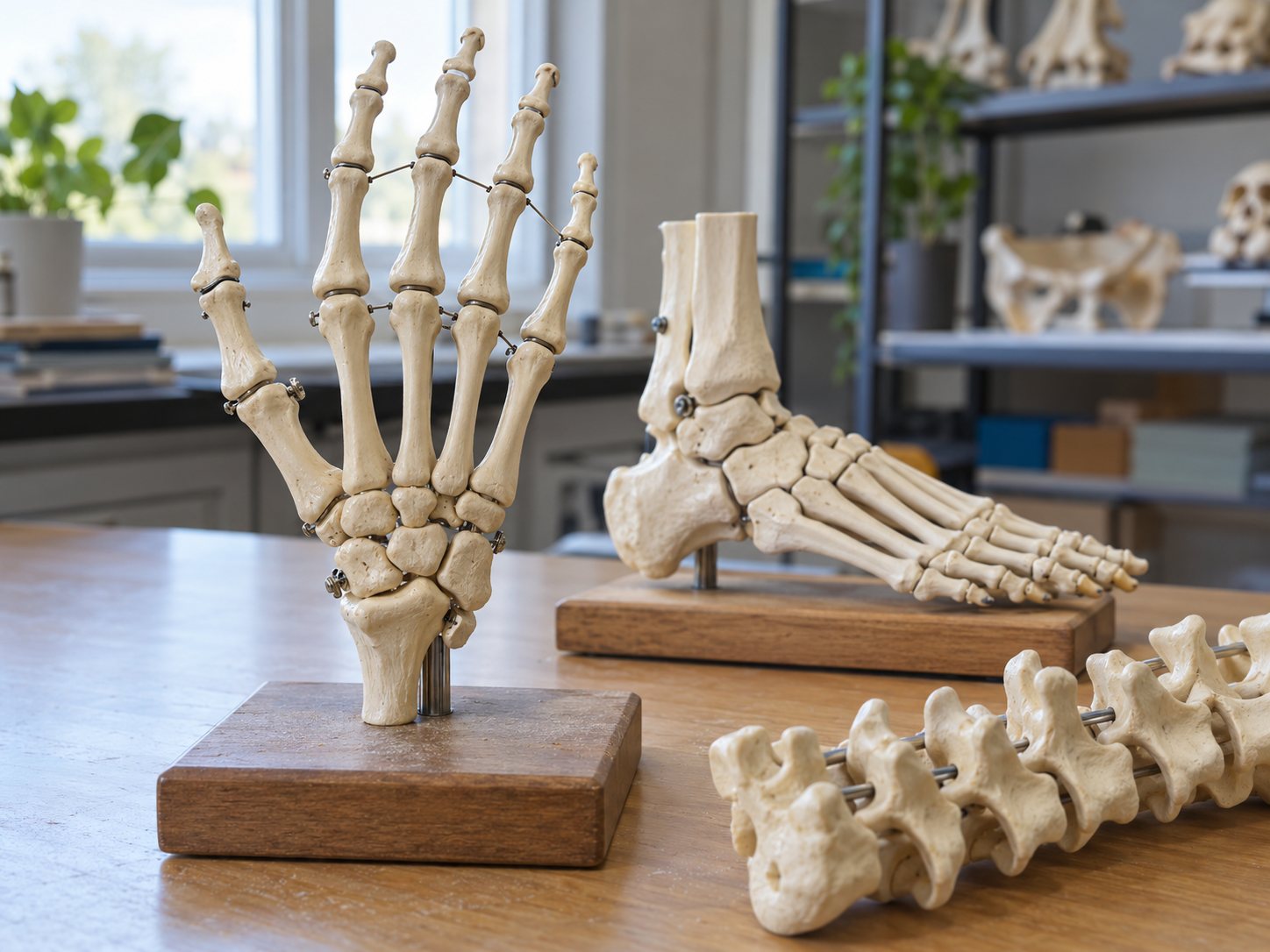 Illustration: Replica skeleton models of a hand with its wrist and of a foot on small plain bases on a lab bench, with a short replica spine section beside them