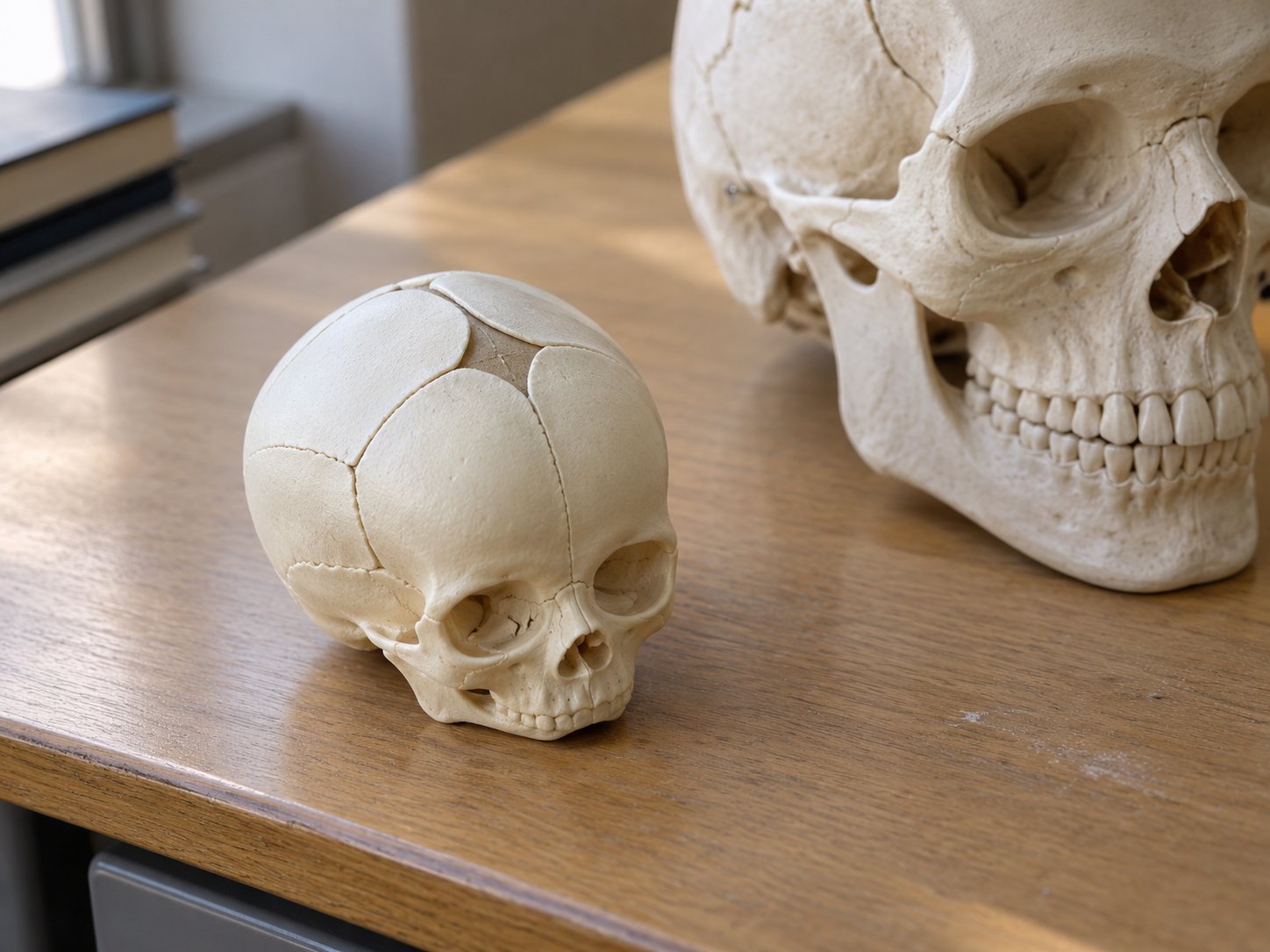 Illustration: Replica infant skull teaching model seen from above showing separate skull plates, thin seams and a soft diamond shaped gap, next to a larger adult skull model