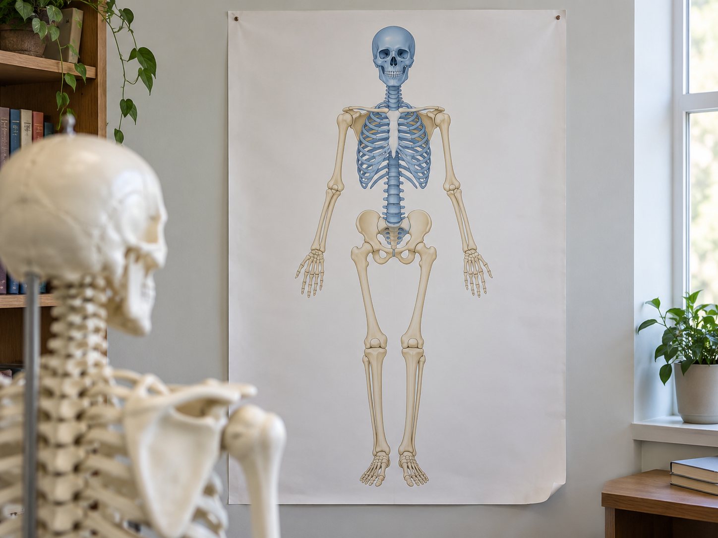 Illustration: Classroom wall chart of an unlabeled skeleton with the skull, spine and ribs shaded in one color and the limbs in another, beside the shoulder of a skeleton model