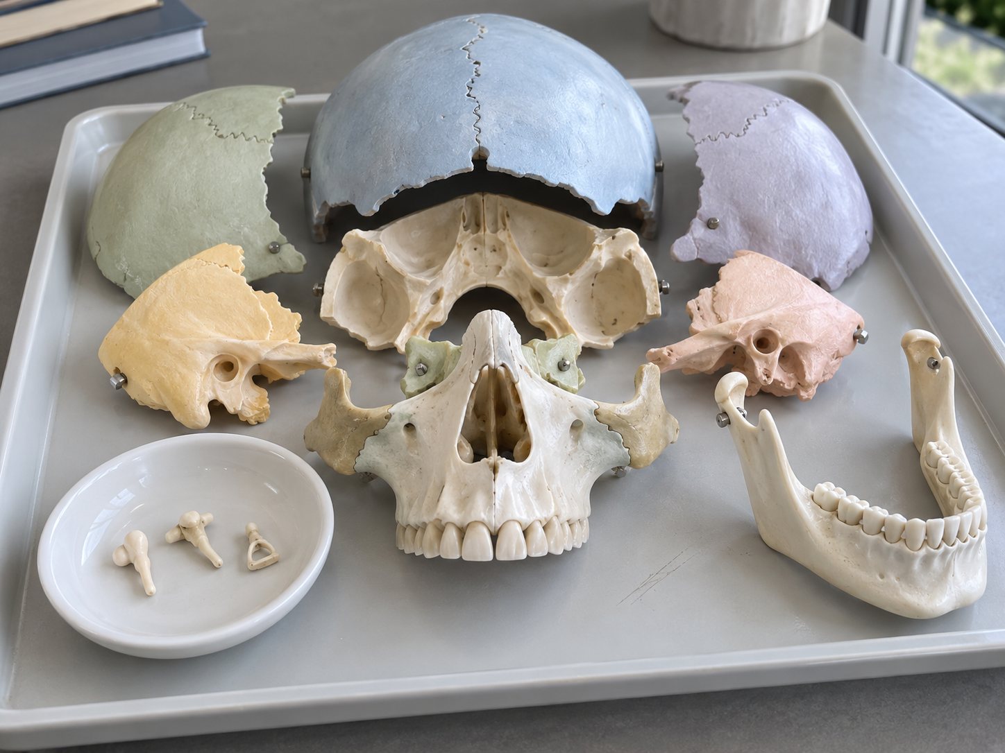 Illustration: Disassembled anatomical skull teaching model on a tray with cranial pieces in subtle colors, the lower jaw set apart and tiny ear bone replicas in a small dish