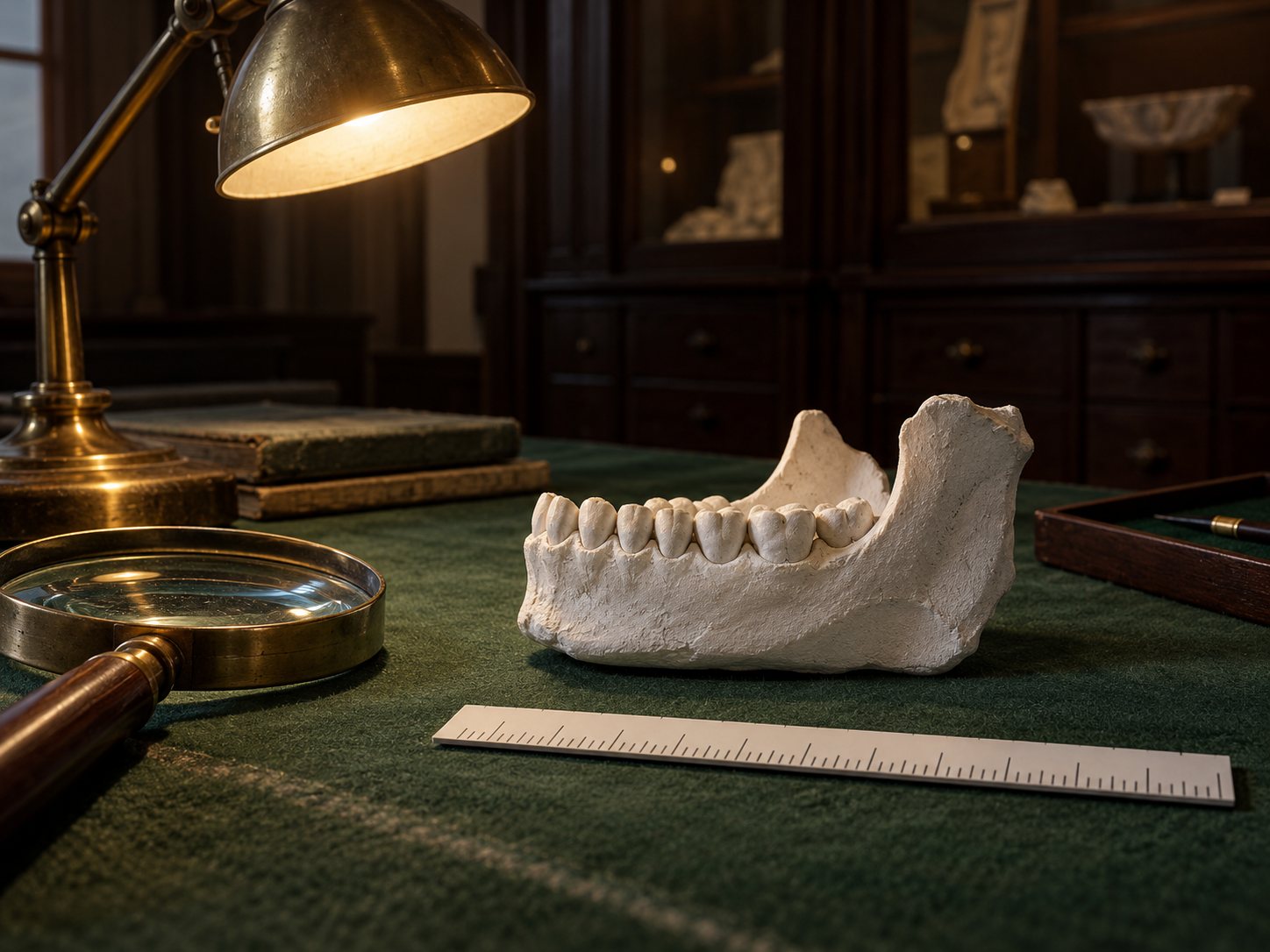 Illustration: Chalky plaster cast of a jaw fragment on a museum study table beside a plain measuring scale, a desk lamp and a magnifier