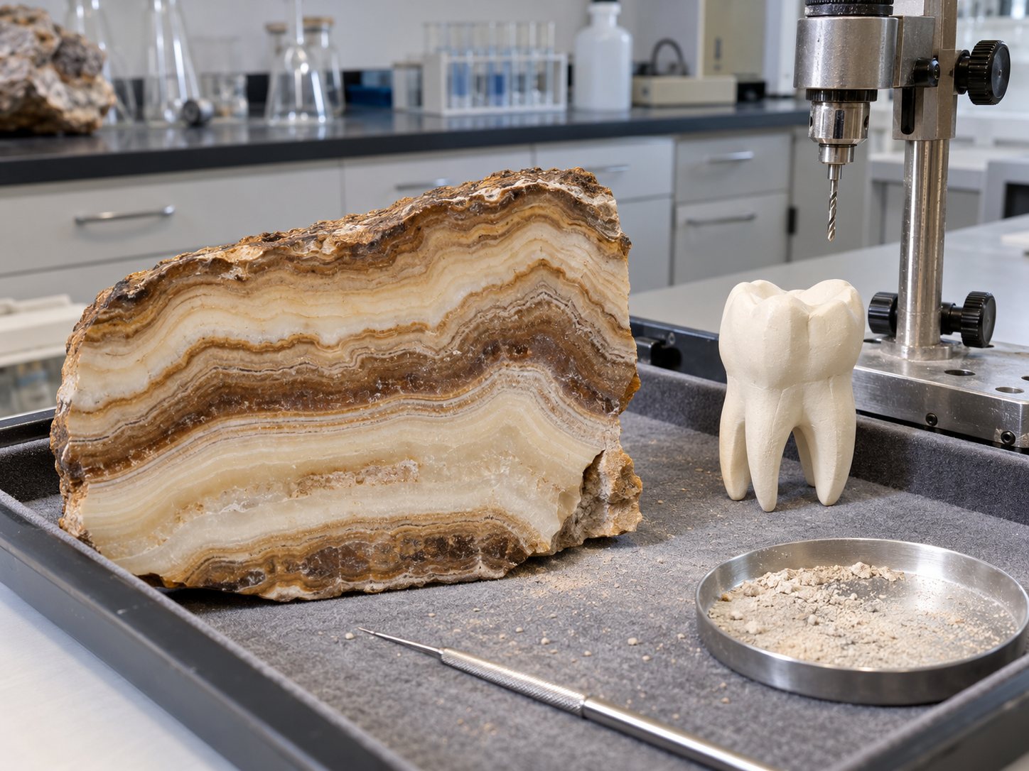 Illustration: Cut and polished slab of banded cave flowstone on a padded laboratory tray beside a replica tooth model and a small drill sampling rig