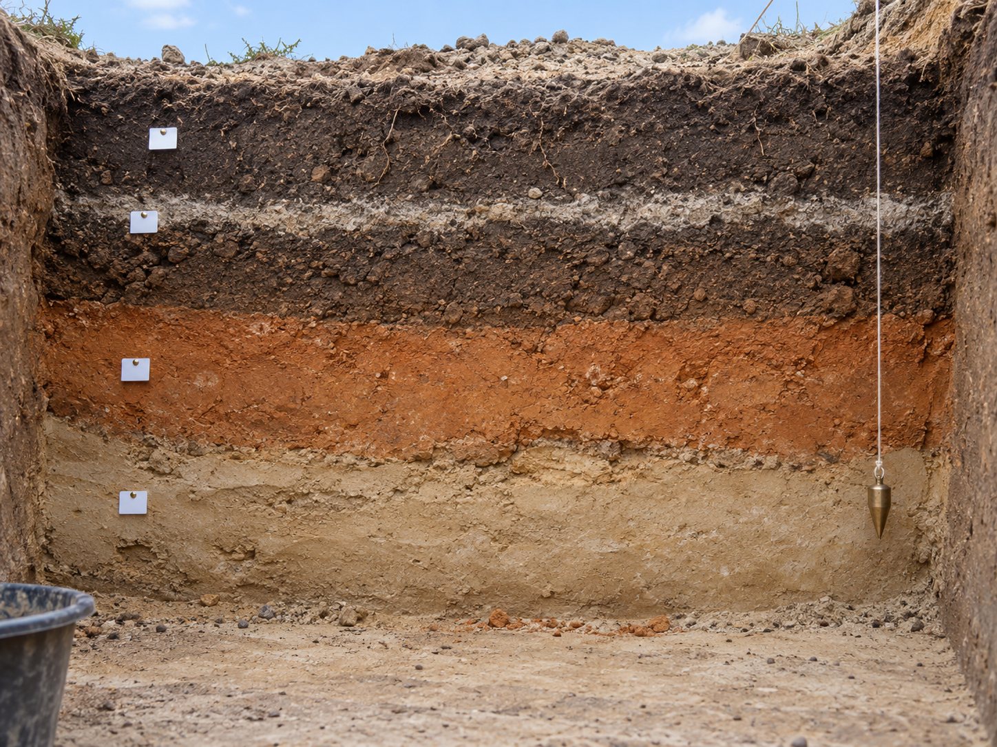 Illustration: Clean vertical trench wall showing horizontal layers of sand, clay, dark soil and a pale ash band with blank plastic tags, a string line and a plumb bob