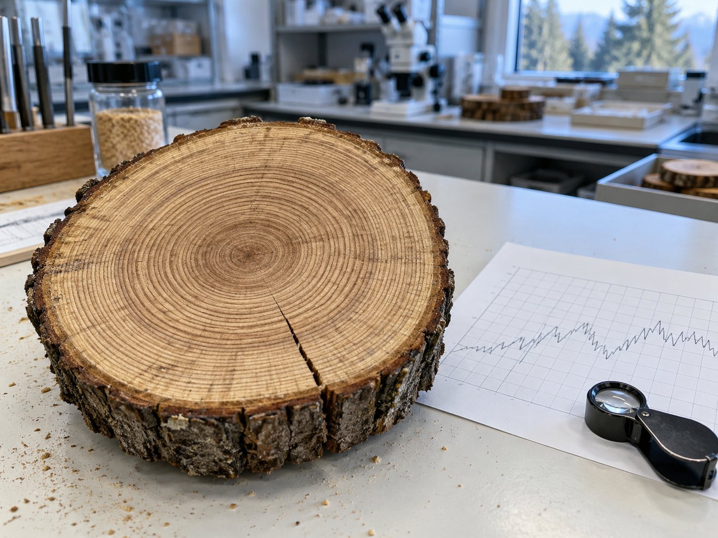 Illustration: Freshly cut tree trunk cross section with clear growth rings on a laboratory table beside a paper chart with a wavering line on a blank grid and a magnifier loupe