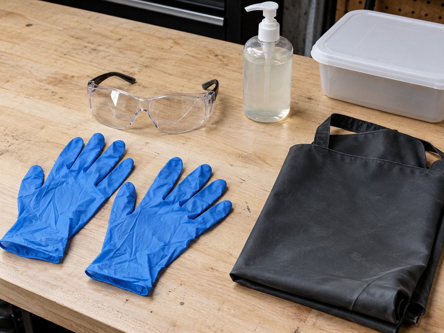 Ilustración: guantes de nitrilo, gafas de seguridad transparentes, un delantal de goma y un frasco de jabón sin etiqueta sobre un banco de trabajo, con un recipiente de plástico cerrado en el borde