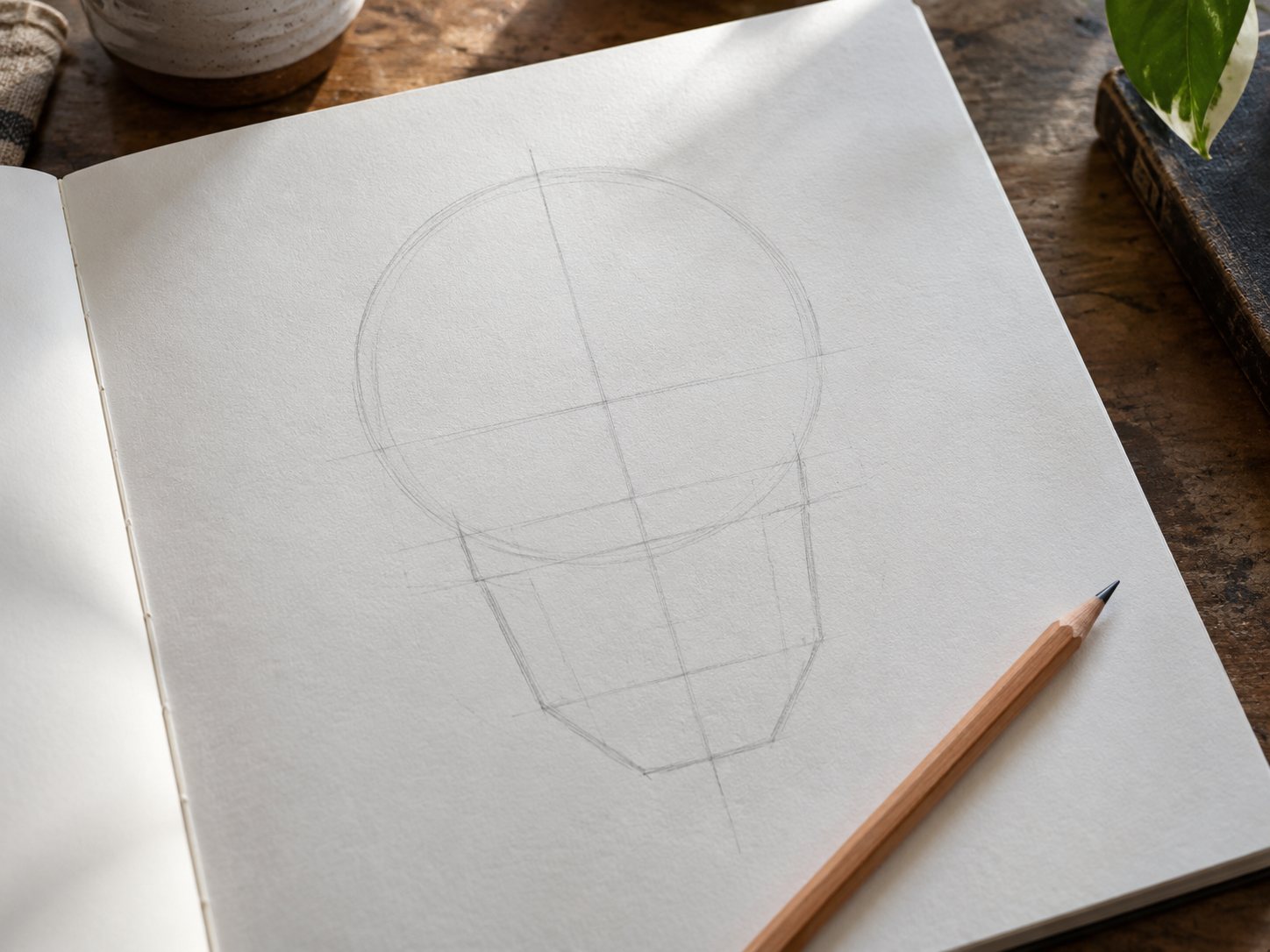 Illustration: Sketchbook page with a light pencil skull construction of a large circle, a vertical center line, horizontal guide lines and a blocked in jaw, with a pencil resting on the page