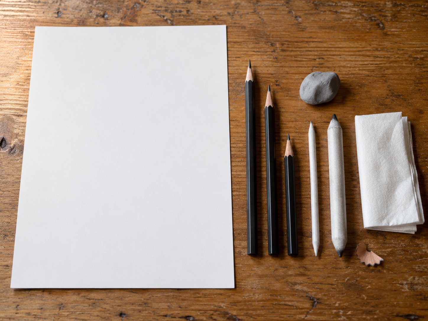 Illustration: Blank drawing paper with three graphite pencils, a kneaded eraser, a paper tortillion, a blending stump and a folded tissue laid out on a wooden table