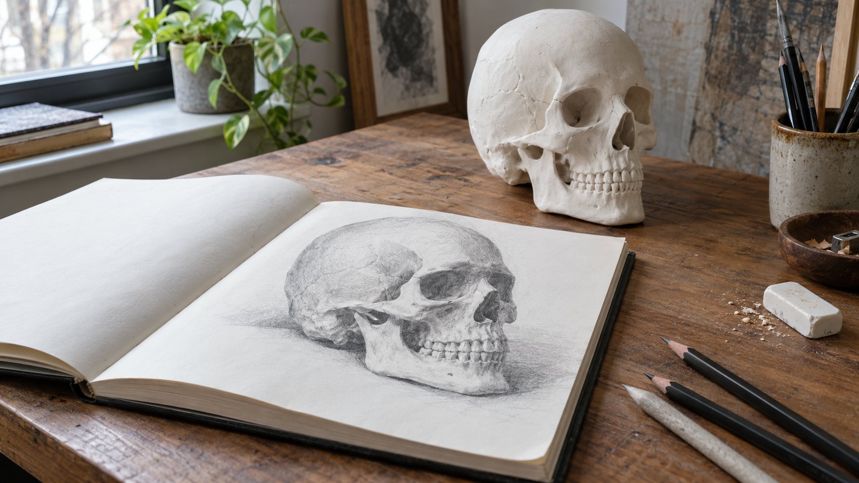 Illustration: Open sketchbook with a finished pencil drawing of a skull in three quarter view beside a white replica skull, graphite pencils, an eraser and a blending stump on an art desk by a window
