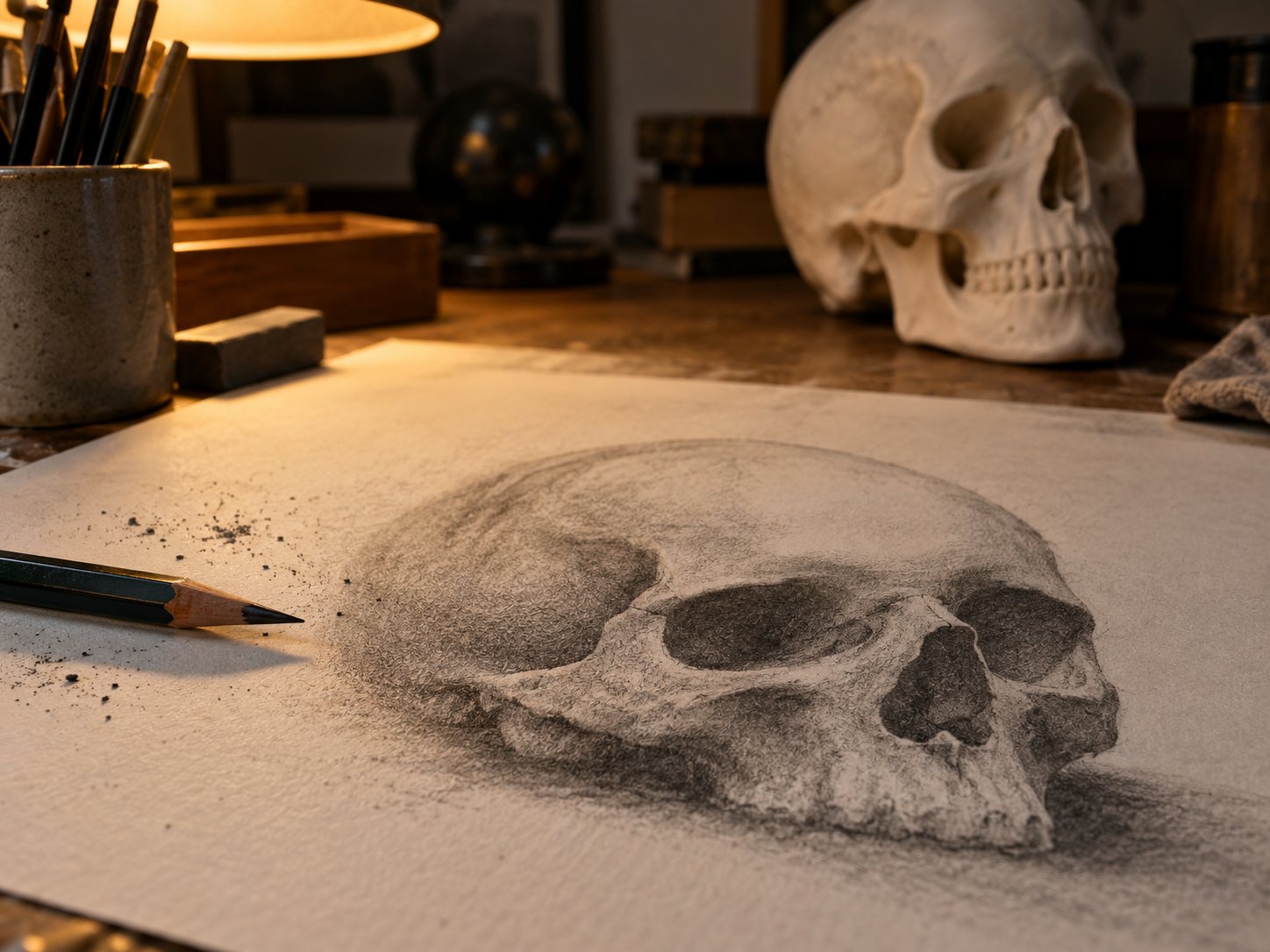 Illustration: Half shaded graphite skull drawing with dark eye sockets and nasal opening, soft halftones and a cast shadow, lit by a desk lamp with a replica skull blurred behind