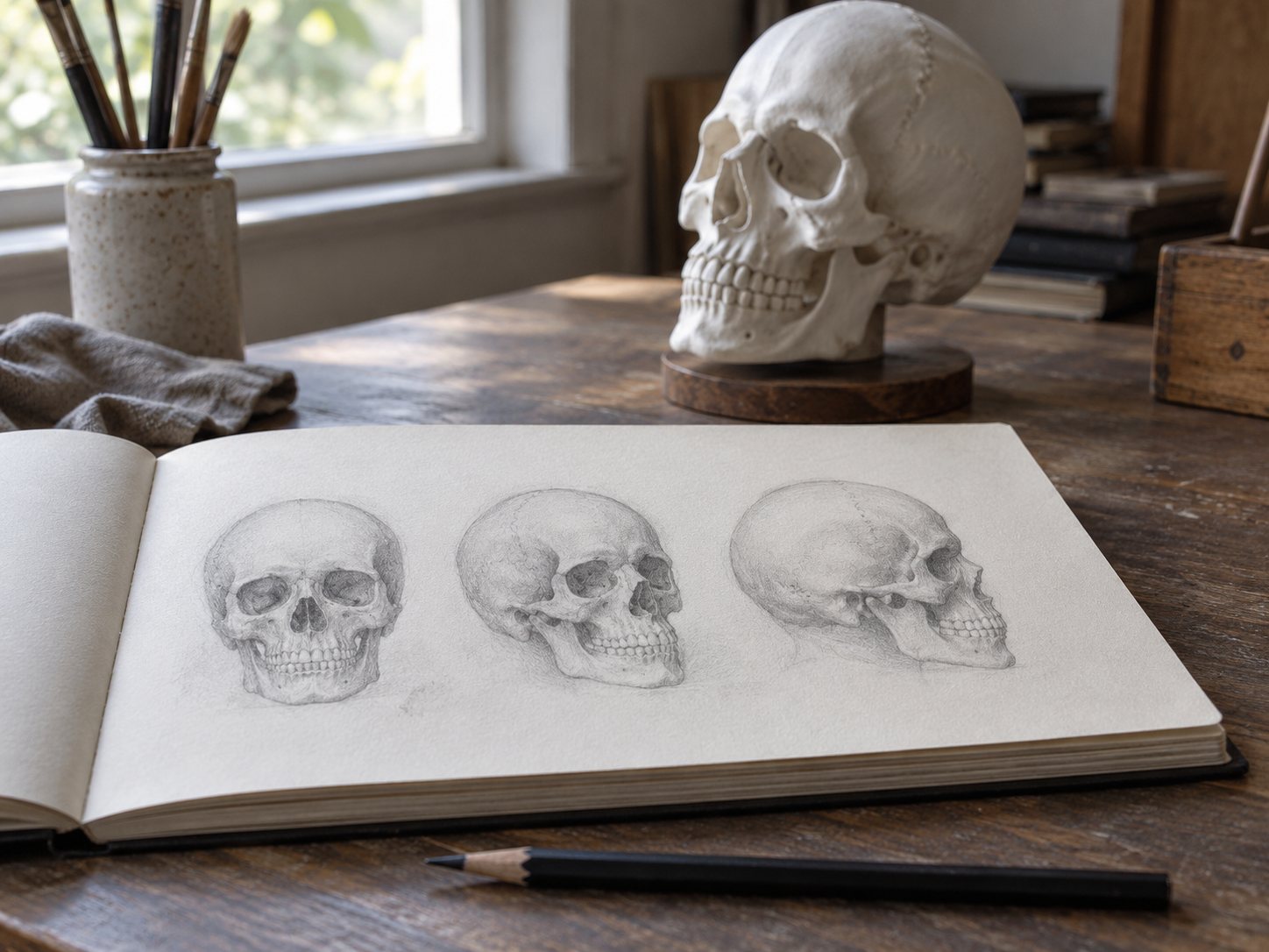 Illustration: White replica skull turned to a three quarter angle on a stand beside a sketchbook page with three small pencil skull studies in front view, three quarter view and side profile