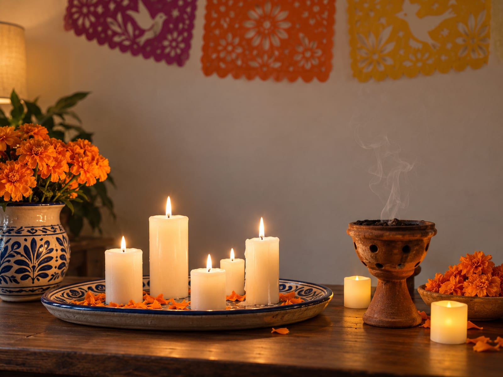 Ilustración: velas sobre una charola de cerámica en un nivel firme del altar, muy por debajo del papel picado, junto a un sahumerio de barro con copal y unas velas de pilas