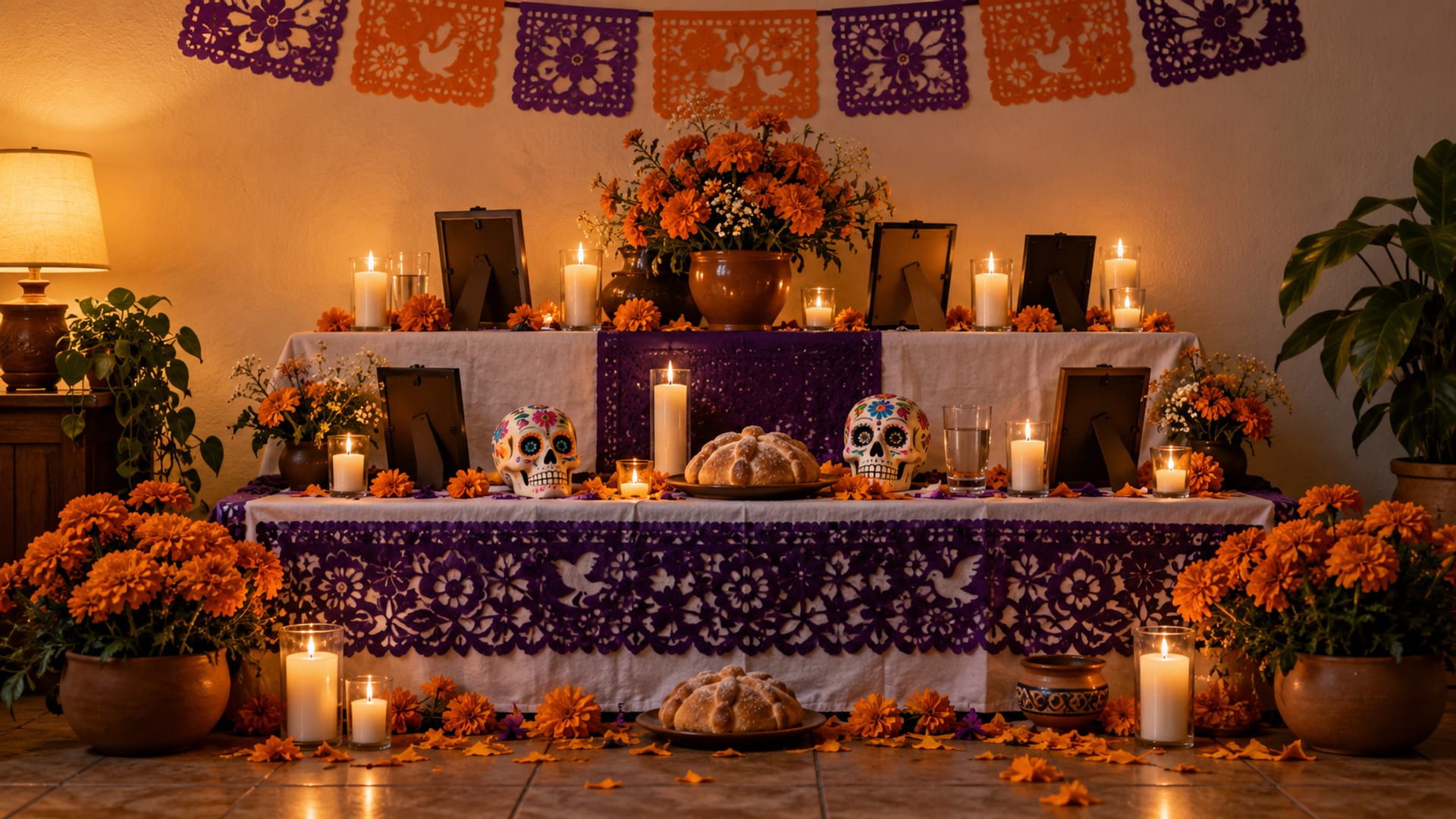 Ilustración: una ofrenda de tres niveles de noche, cubierta con tela blanca y morada, con cempasúchil, velas, pan de muerto, calaveras de azúcar, un vaso de agua y papel picado arriba