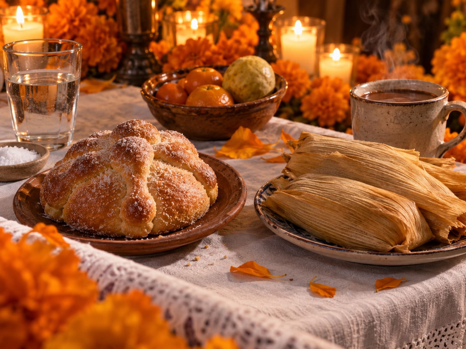 Ilustración: vista cercana de un nivel del altar con un vaso de agua, un plato de sal, pan de muerto, tamales, fruta, una taza de chocolate caliente y pétalos de cempasúchil