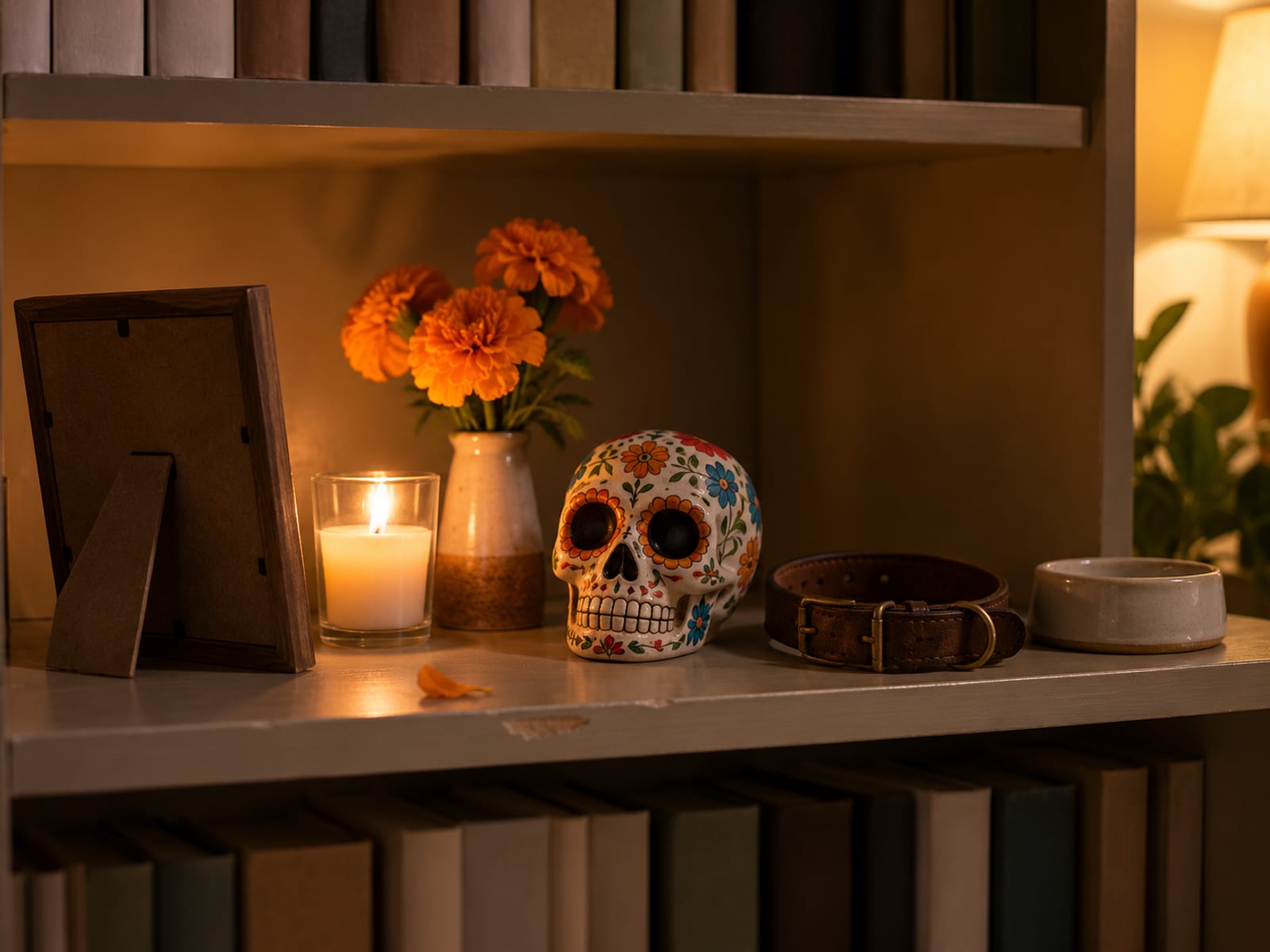 Ilustración: una ofrenda en un solo estante de librero, con un retrato vuelto hacia la pared, una vela, cempasúchil, una calavera de azúcar, un collar de perro de cuero y un platito de comida