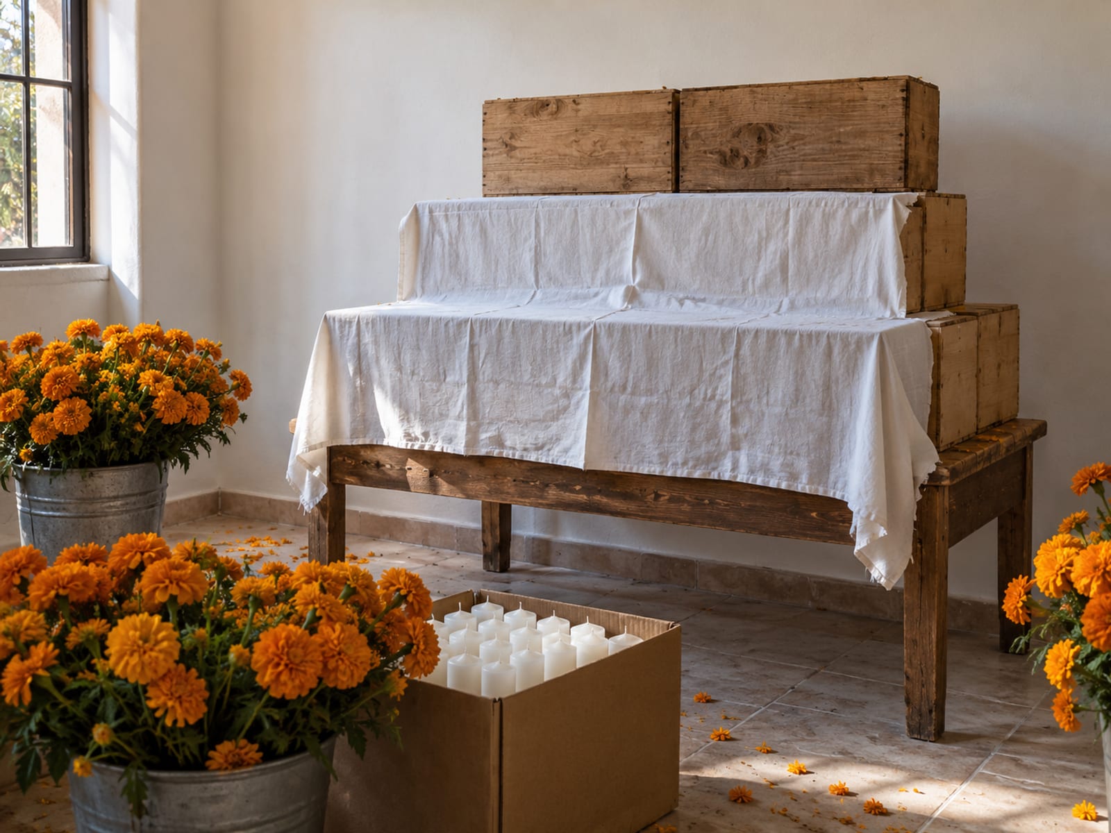 Ilustración: cajas y huacales de madera apilados en tres niveles sobre una mesa, con una tela blanca a medio poner, cubetas de cempasúchil y una caja de velas en el piso