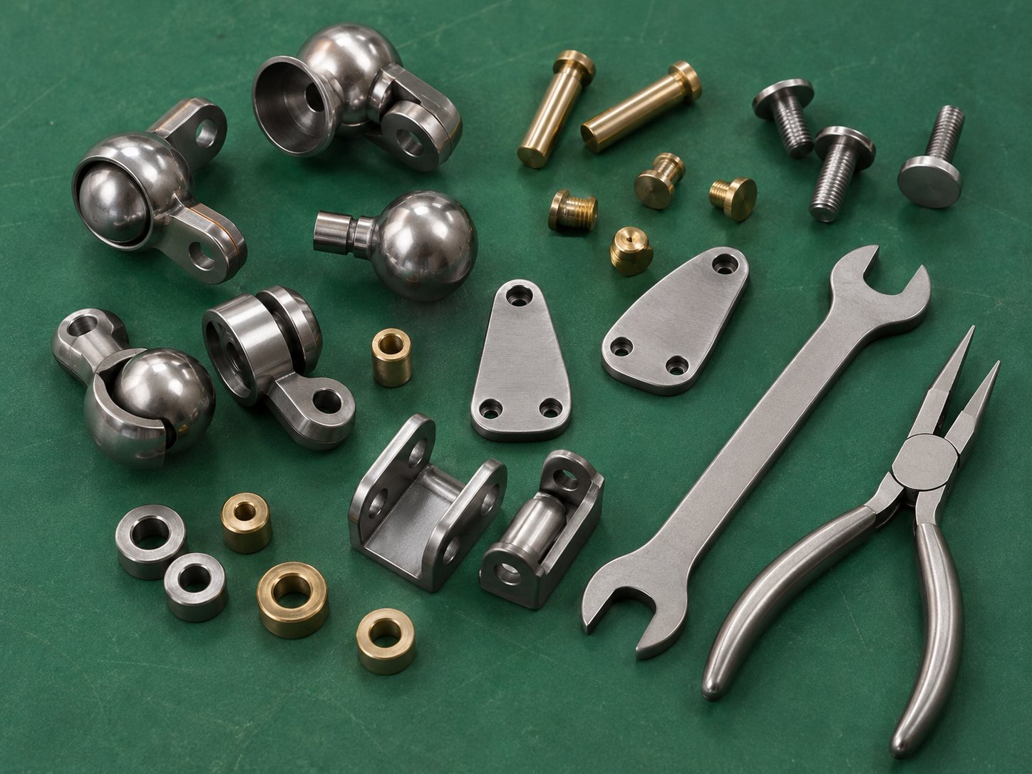 Illustration: Macro of loose steel ball-and-socket joints, brass pins, small metal feet and ankle pieces with a tiny wrench and pliers on a workshop mat