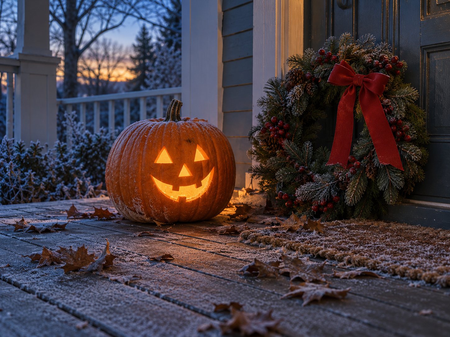 Illustration: Porch doorstep with a glowing carved jack-o'-lantern beside a pine and red-berry wreath leaning on the door, with leaves and frost