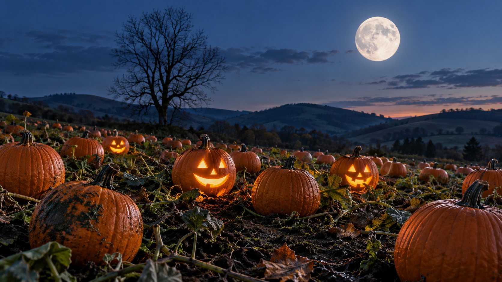 Illustration: Moonlit pumpkin patch on gently rolling hills with rows of orange pumpkins, glowing jack-o'-lanterns and a bare tree