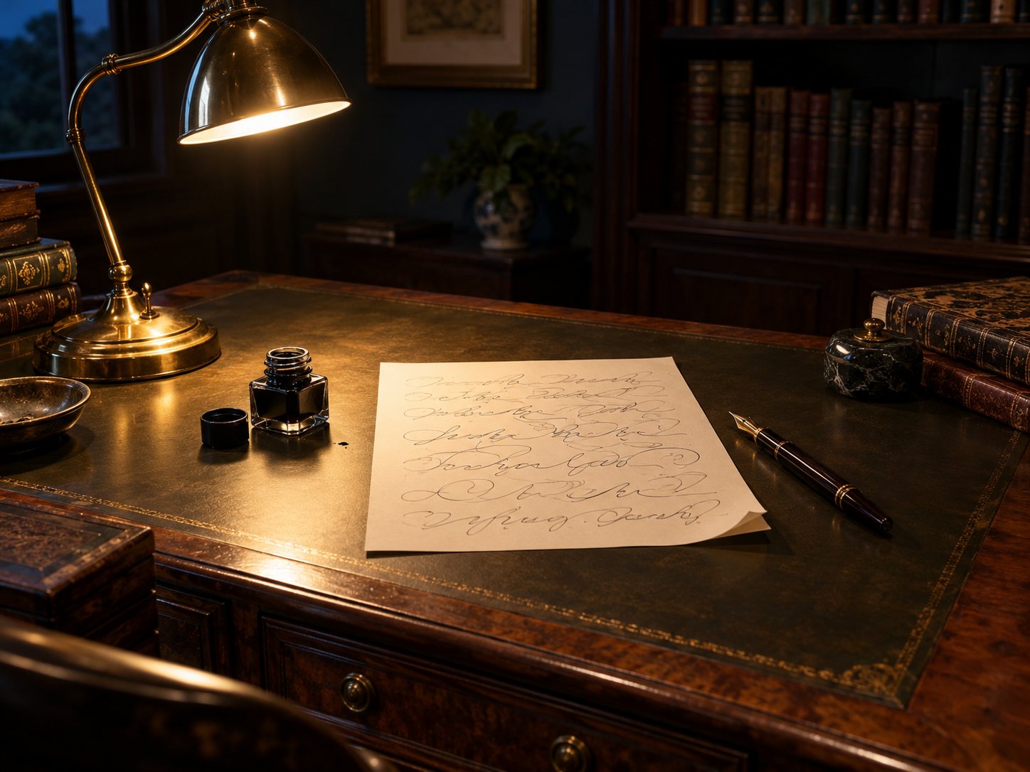 Illustration: Vintage wooden writing desk with a sheet of illegible handwritten verse, a fountain pen, an ink bottle and a desk lamp