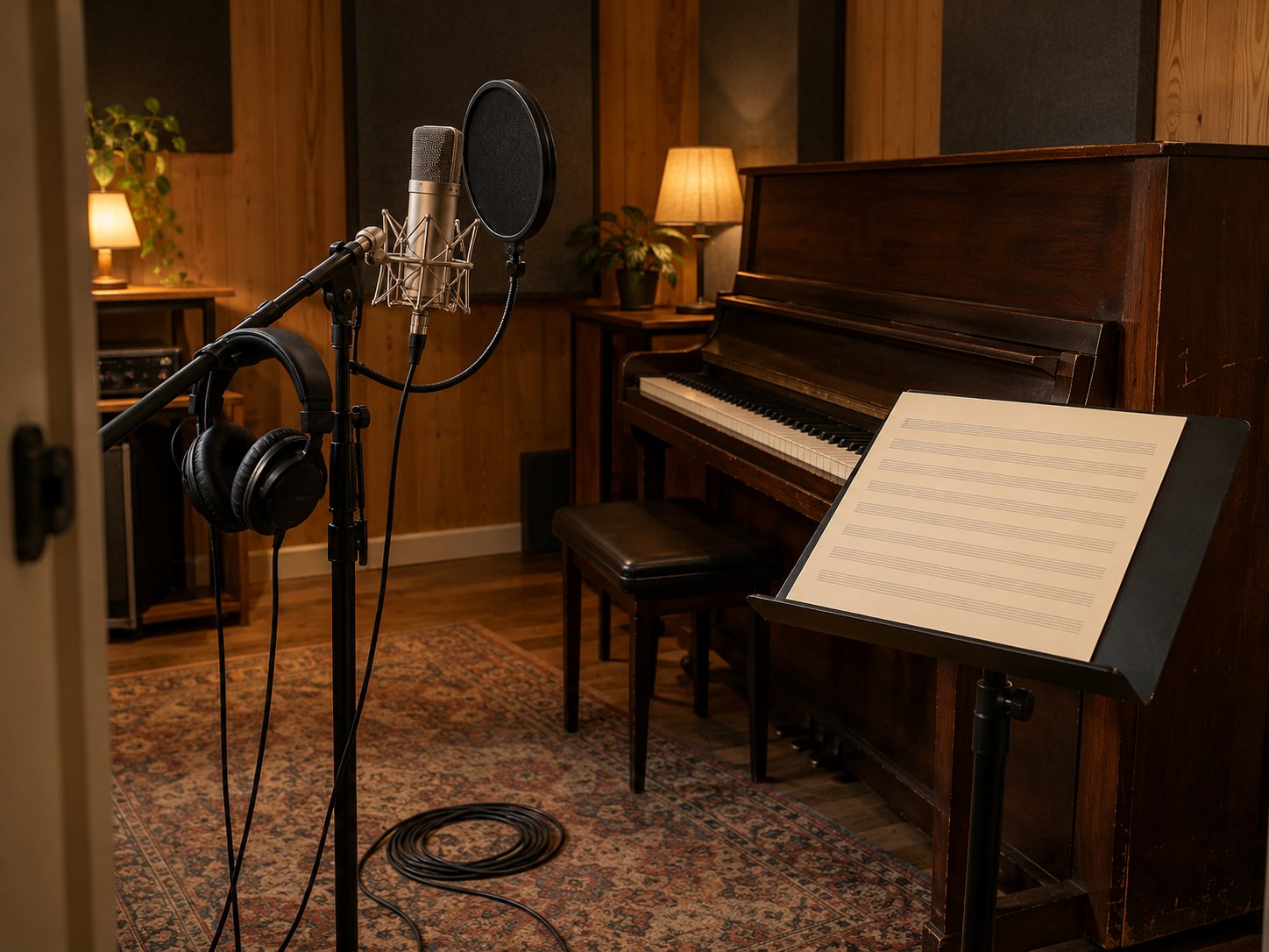 Illustration: Empty vintage recording studio with a condenser microphone and pop filter, headphones on a stand, a music stand with blank paper and an upright piano